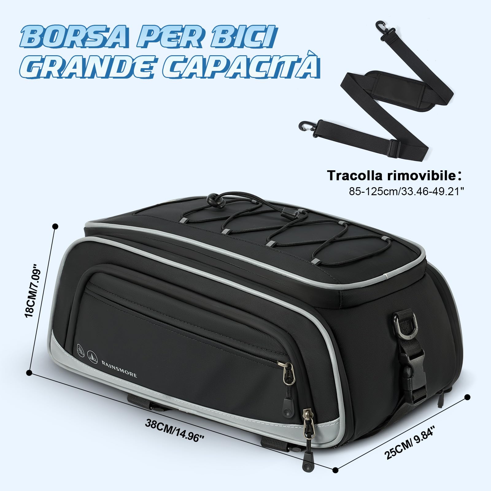 RAINSMORE Borsa Bici Posteriore 15L-23L Espandibile, Borsa Portapacchi Bici Impermeabile e Riflettente con Copertura Antipioggia e Tracolla, Bici per MTB, E-Bike e City Bike Nero
