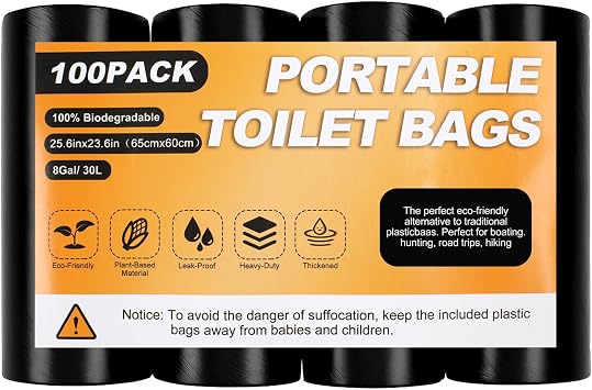 HXSEMAYIG 100PCS Portable Toilet Bags - 8 Gallon Camping Toilet Bags, Toilet Replacement Bags, Compost Bags, Camping Toilet Bags for Portable Toilet, Car Travel, Camping, Long Trips