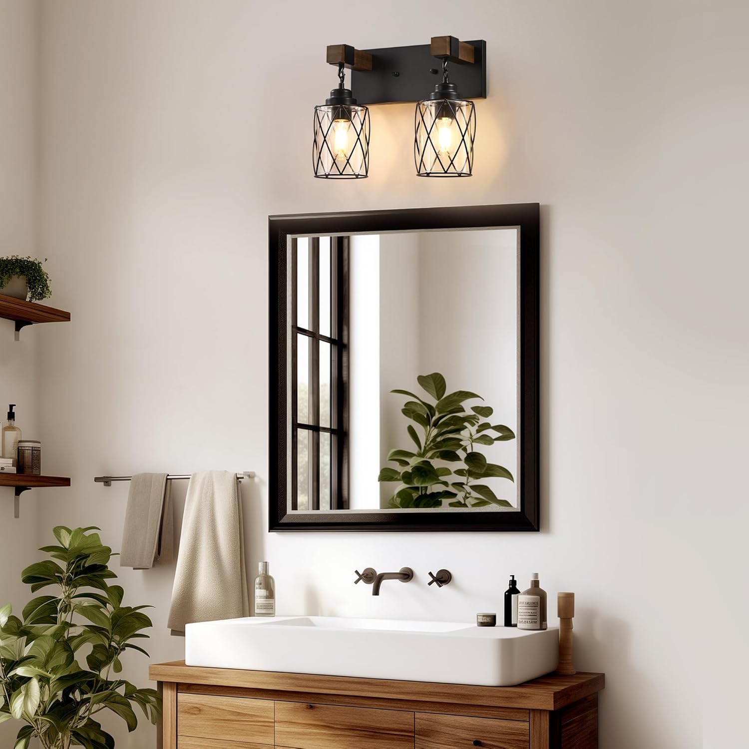 Farmhouse Bathroom Light Fixtures, 2 Light Bathroom Vanity Light with Metal and Glass Lampshade, Wood Rustic Lighting Fixtures Over Mirror, Black Wall Sconces for Living Room, Bedroom