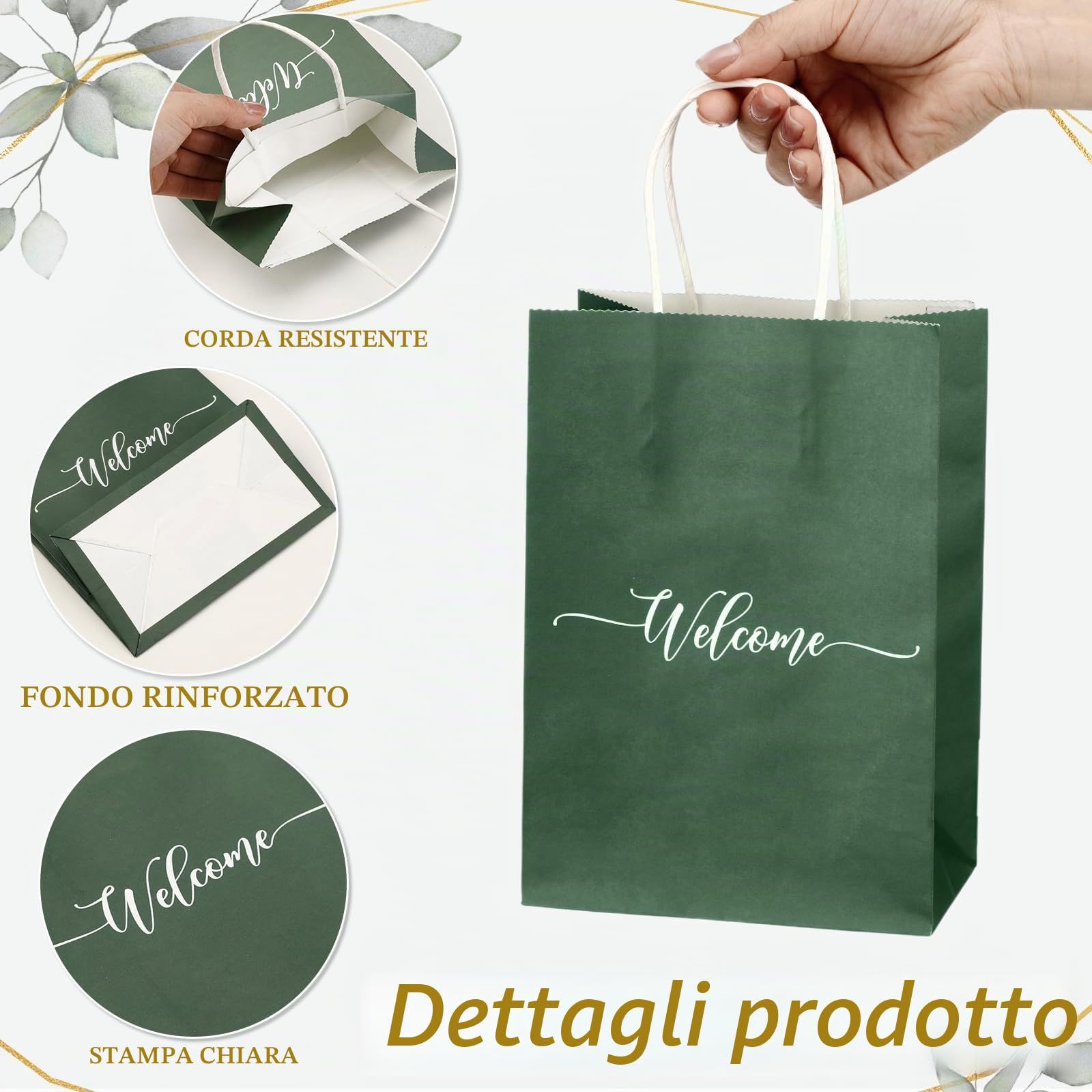 Kolldenn Set di 50 sacchetti di benvenuto per matrimoni, colore verde salvia, sacchetti regalo con manici e carta velina, bomboniere, regalo di benvenuto in chiesa e hotel, 15,2 x 15 x 8,1 cm