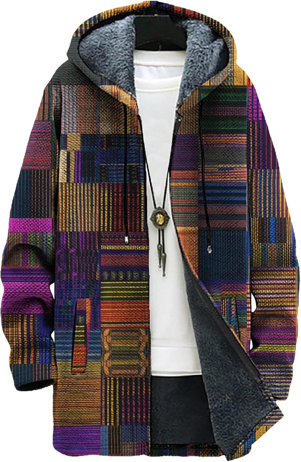 domirica Mens Vintage Ethnic Print Fleece Lined Full-Zip Jacket Big and Tall Comfy Daily Vacation Travel Coat