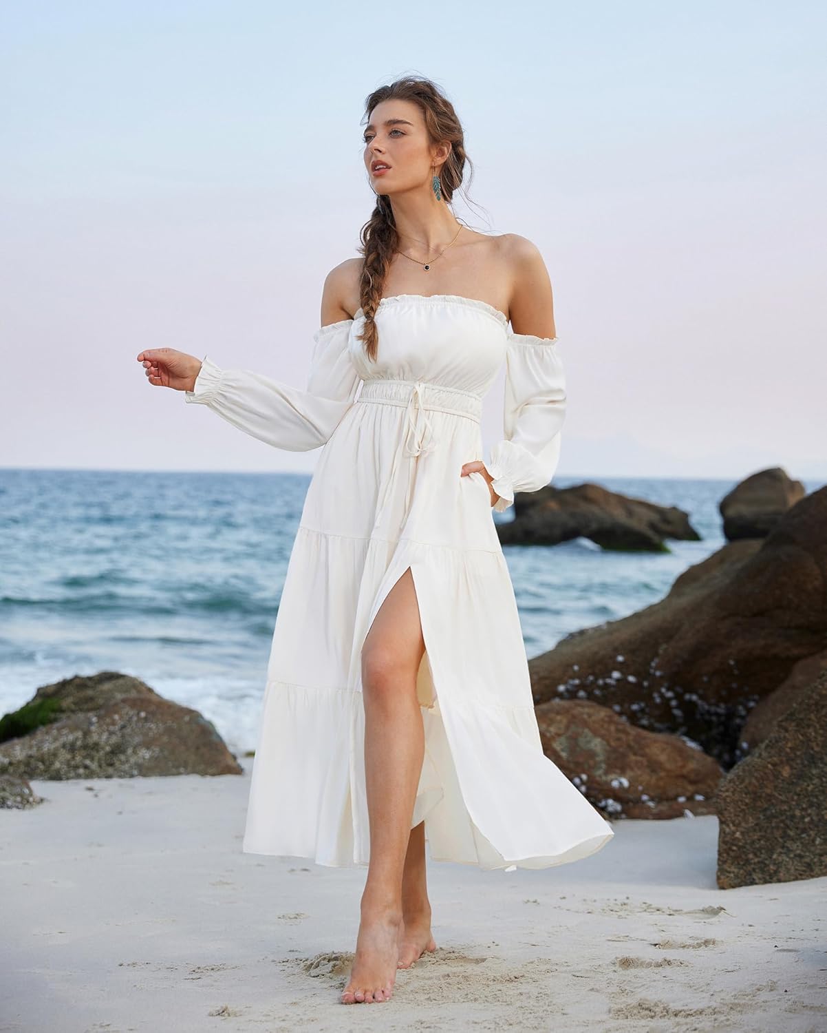 SCARLET DARKNESS Women's Boho Dress 2026 Summer Off The Shoulder Long Sleeve Renaissance Maxi Dresses with Split - Image 6