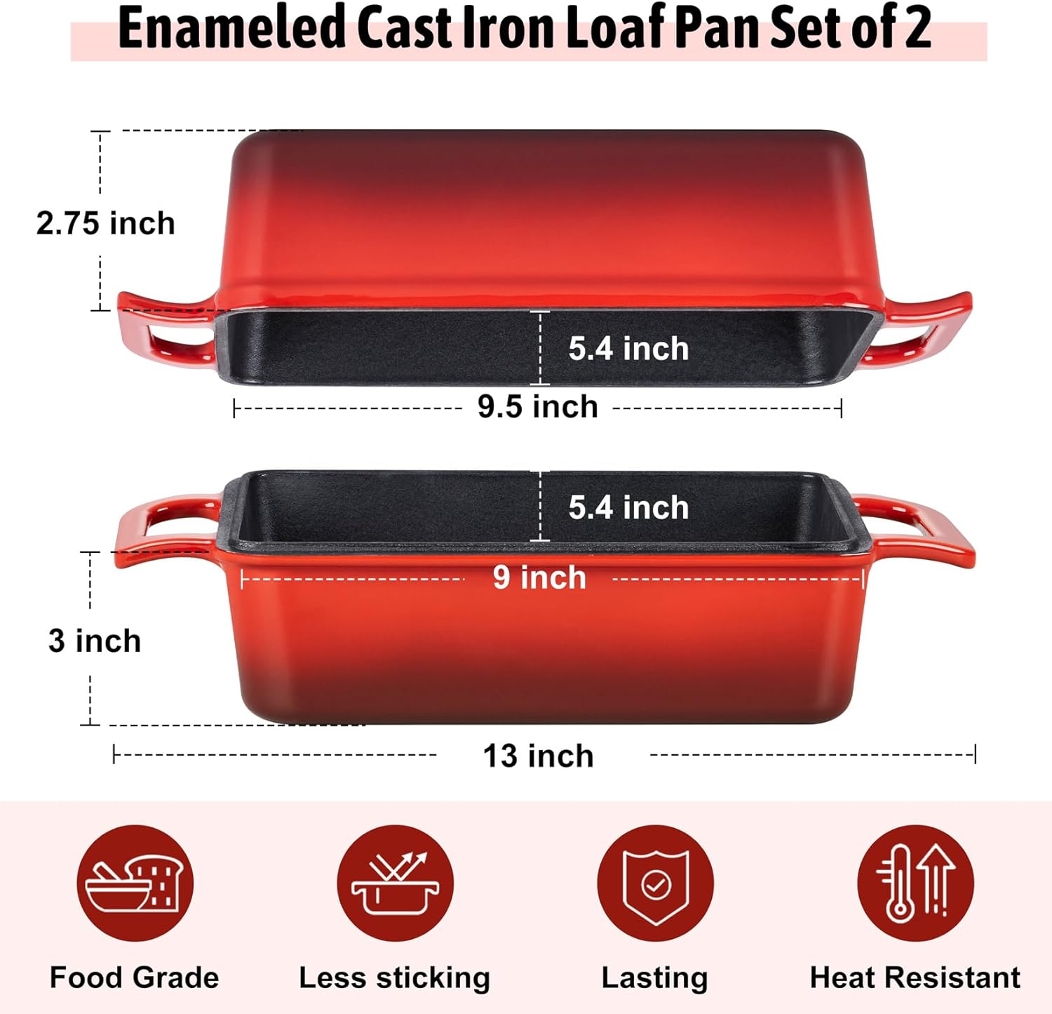 P&P CHEF 2-In-1 9 x 5 Inch Cast Iron Loaf Pan with Lid (Red), Bread Loaf Pans for Baking Homemade Sourdough Bread, Meatloaf, Toast, Cake, Nonstick & Healthy & Sturdy, 2 Piece Set - Image 2