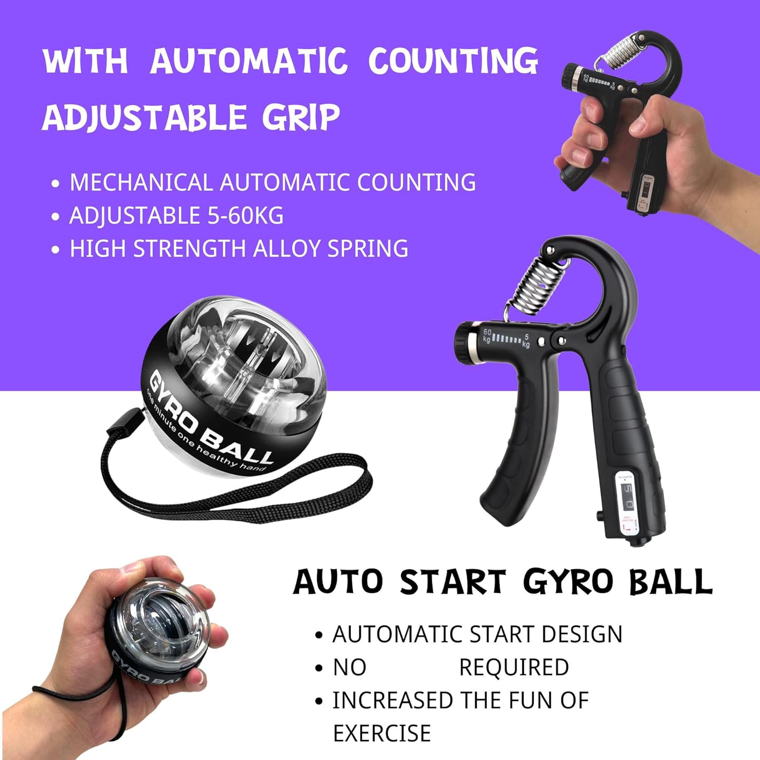 Hand Grip Strengthener Workout Kit (8 Pack) Forearm Grip Adjustable Resistance Hand Gripper, Finger Stretcher, Finger Exerciser, Grip Ring，Gyro Ball (black)