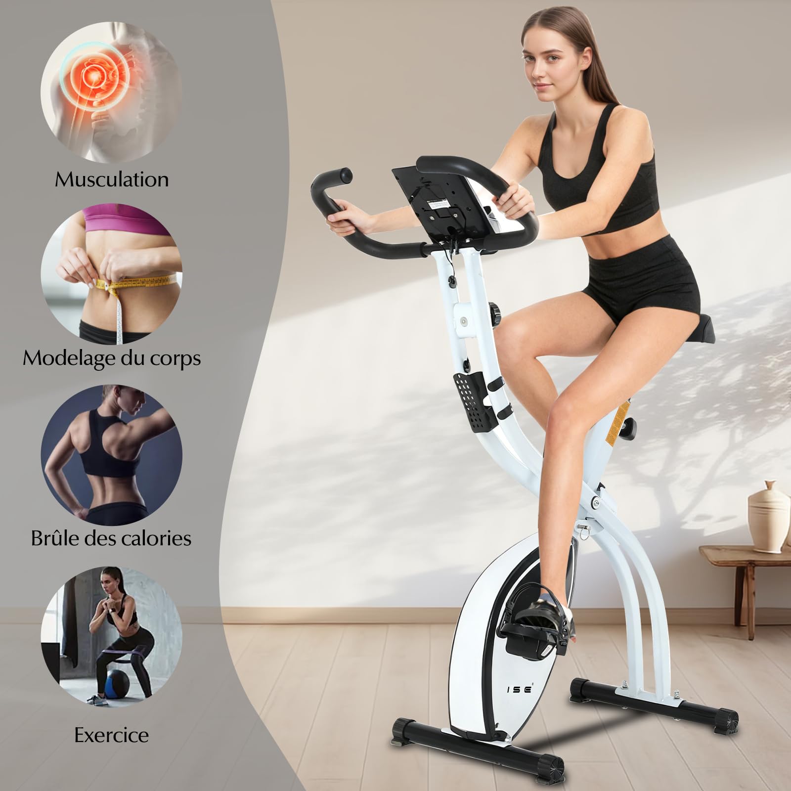 ISE Mini Vélo d'Appartement Pliable, 8 Niveaux Résistance Magnétique, Ecran LCD, Capteur de Fréquence Cardiaque, Blanc