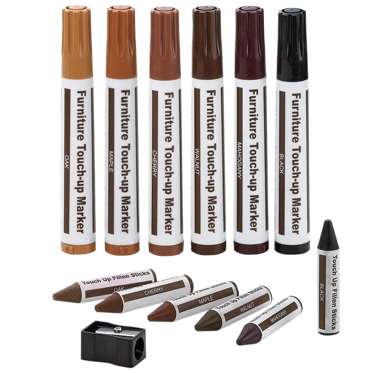 Furniture Repair Kit Wood Markers - Set Of 16 - Markers And Wax Sticks With Sharpener Kit, For Stains, Scratches, Wood Floors, Tables, Desks, Carpenters, Bedposts, Touch Ups, And Cover Ups- By Katzco