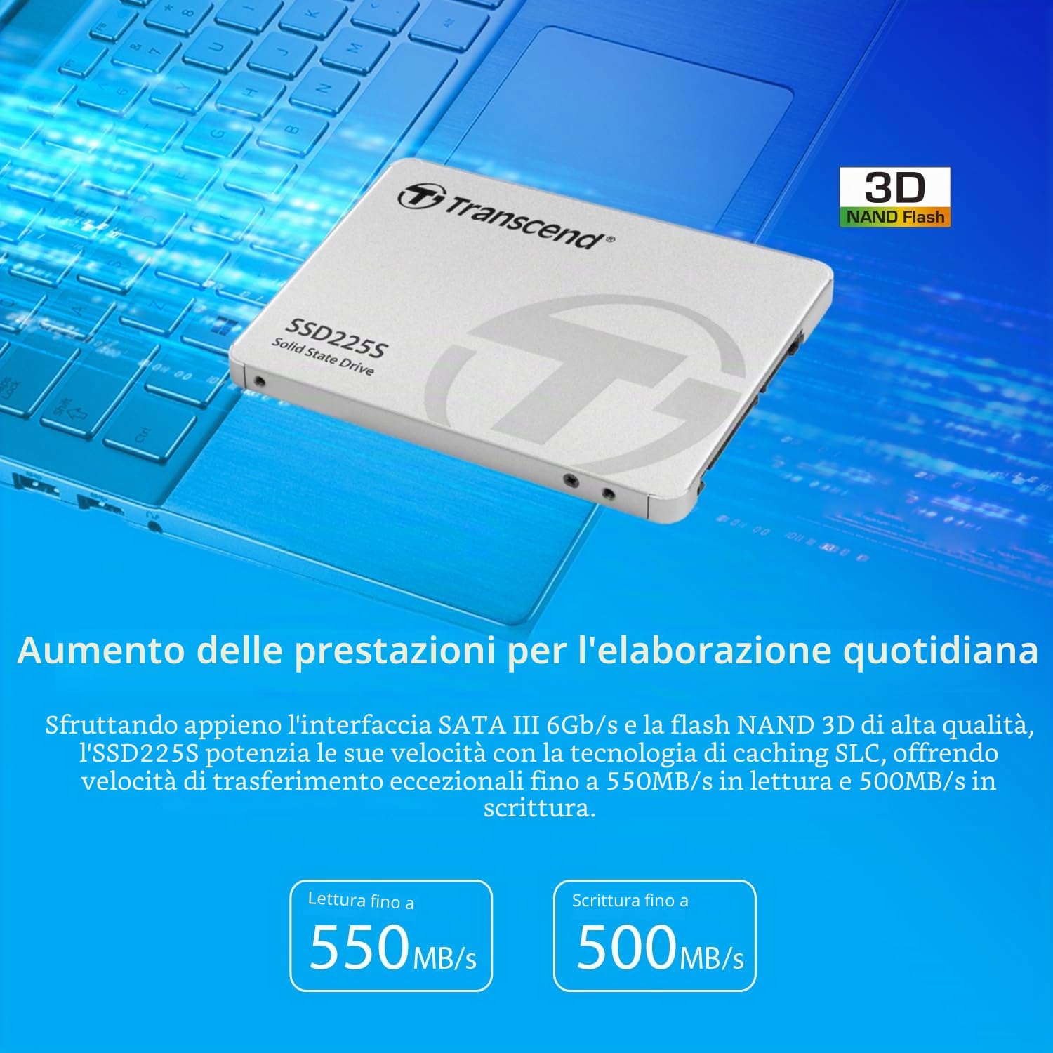 Transcend SSD interno SSD225S SATA III 2,5" (6 Gb/s) da 500 GB - memoria 3D NAND, resistente agli urti - TS500GSSD225S