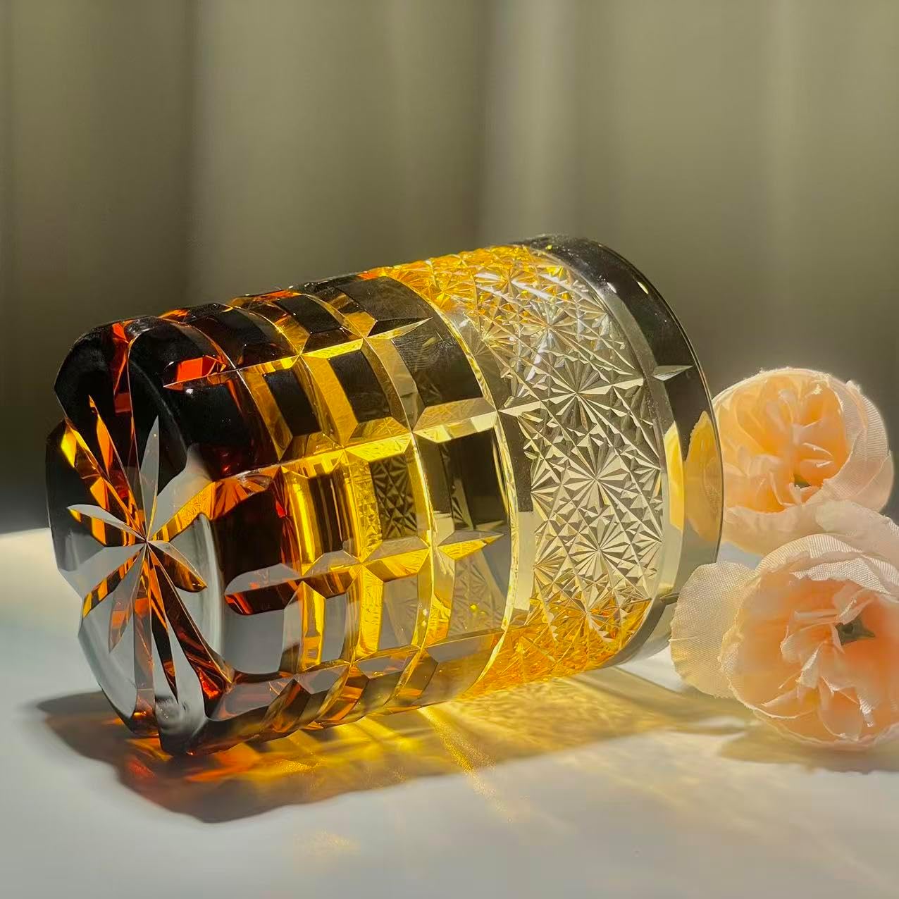 suigetsu Japanese Crystal Whiskey Glass, 10 oz, Amber Black, Engraved Pattern, Old Fashioned Rocks Tumbler with Gift Box (Amber Glow) - Image 3