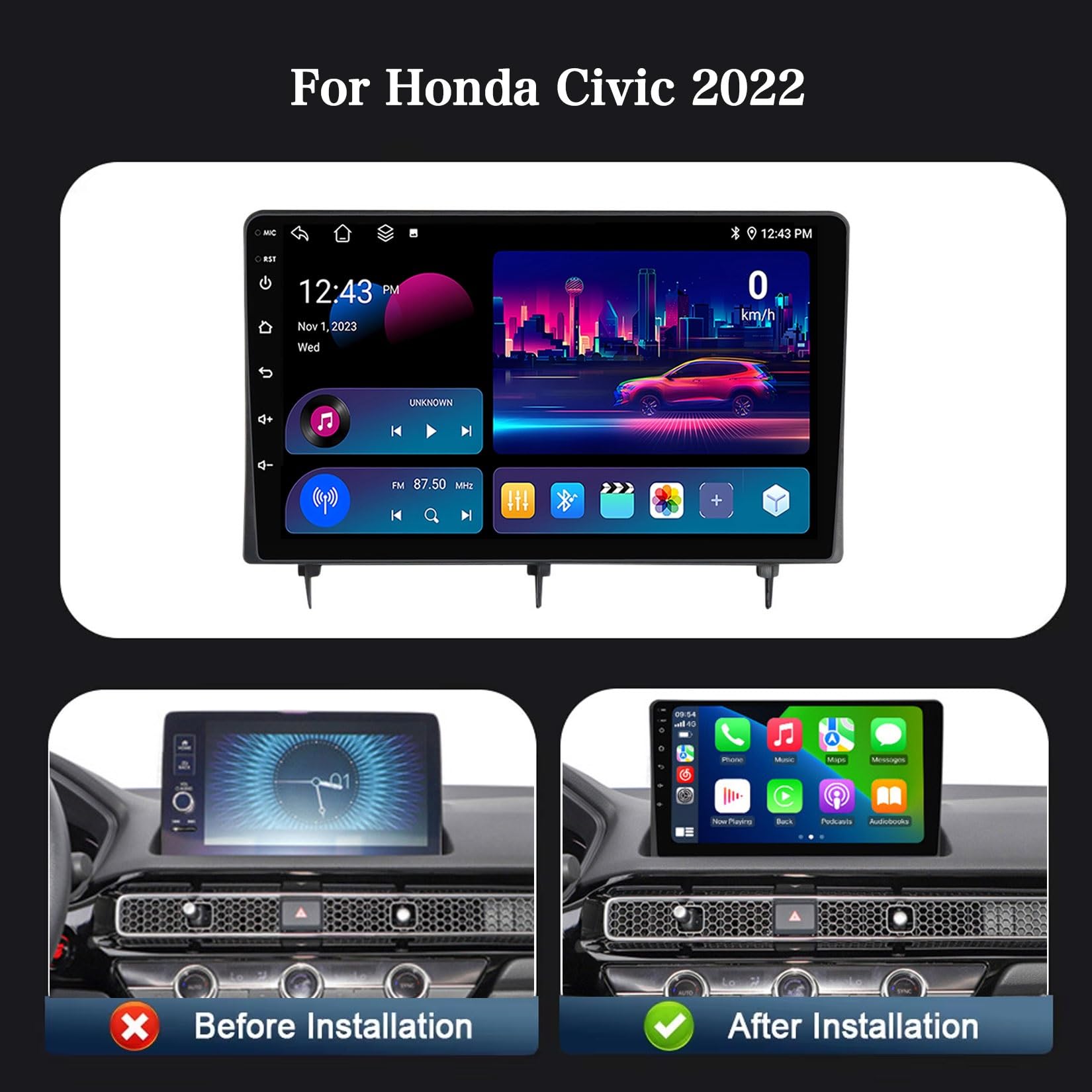 HIBIYA Radio samochodowe z systemem Android 2 Din do Honda Civic 2022 ekran dotykowy 9-calowy nawigacja GPS nawigacja multimedialny odtwarzacz wideo z Bluetooth 4G WiFi FM RDS DSP(T2 8Core 8+128G)