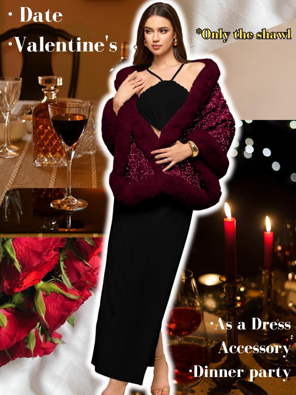 Women's Sequin Faux Fur Shawl Wrap, Winter Bridal Wedding, Luxury Elegant Velvet Fur Coat Jackets Cape Evening Party - Image 5