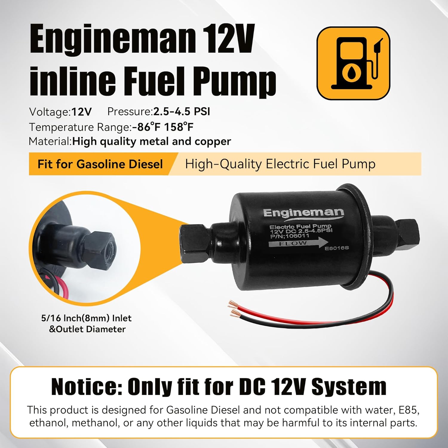 Universal Electric Fuel Pump 12V 2.5-4.5 PSI Inline External 5/16 Inch Compatiable with Gas Diesel Marine Carburetor Marine E8016S with 6.56 FT 5/16" ID Fuel Line Hose