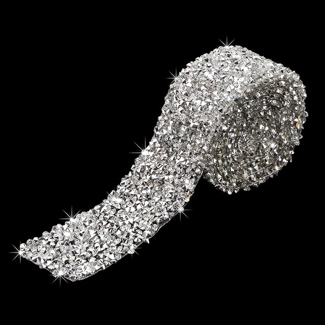 WANDIC Rhinestone Tape, 1 Yard Silver Glitter Ribbon Stickers Sparkling Embellishments for DIY Crafts Wedding Party Decoration, 1.2inch (Width), Hot-Melting, Non-self-Adhesive