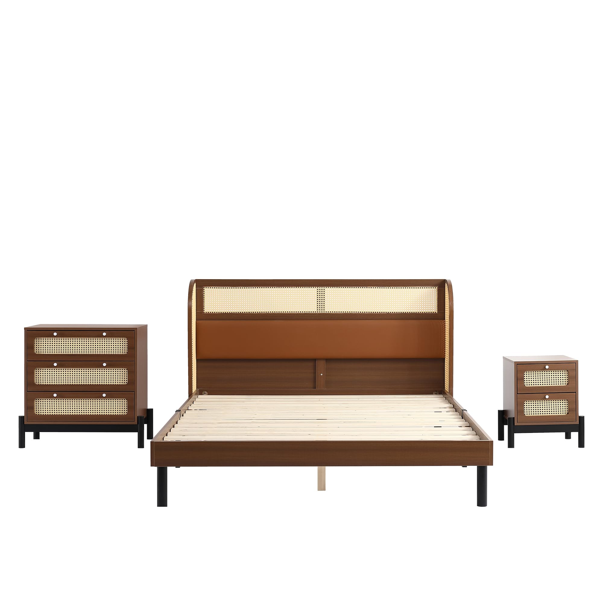 Set di 3 camere da letto complete, in rattan moderno, letto matrimoniale, comodino+cassettiera, 160 x 200 cm, letto matrimoniale con imbottitura in poliuretano e rattan, comodino con 2 cassetti,