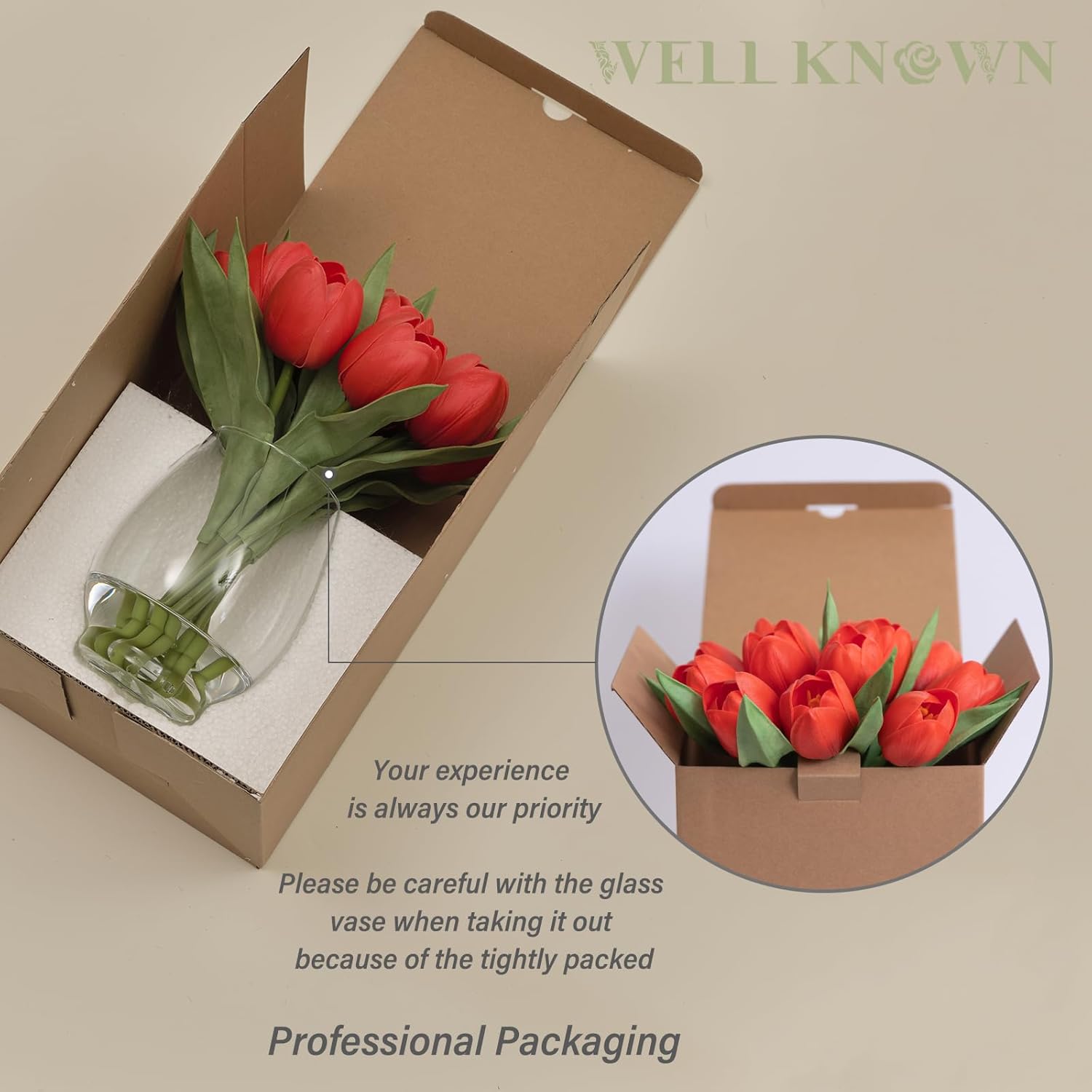 WELL KNOWN 12 Pcs Fake Red Tulips Artificial Flowers in Vase with Faux Water, Real Touch Foam Tulips Arrangements with Vase for Home Office Decor, Dining Table Wedding Centerpiece (Coral Red) - Image 7