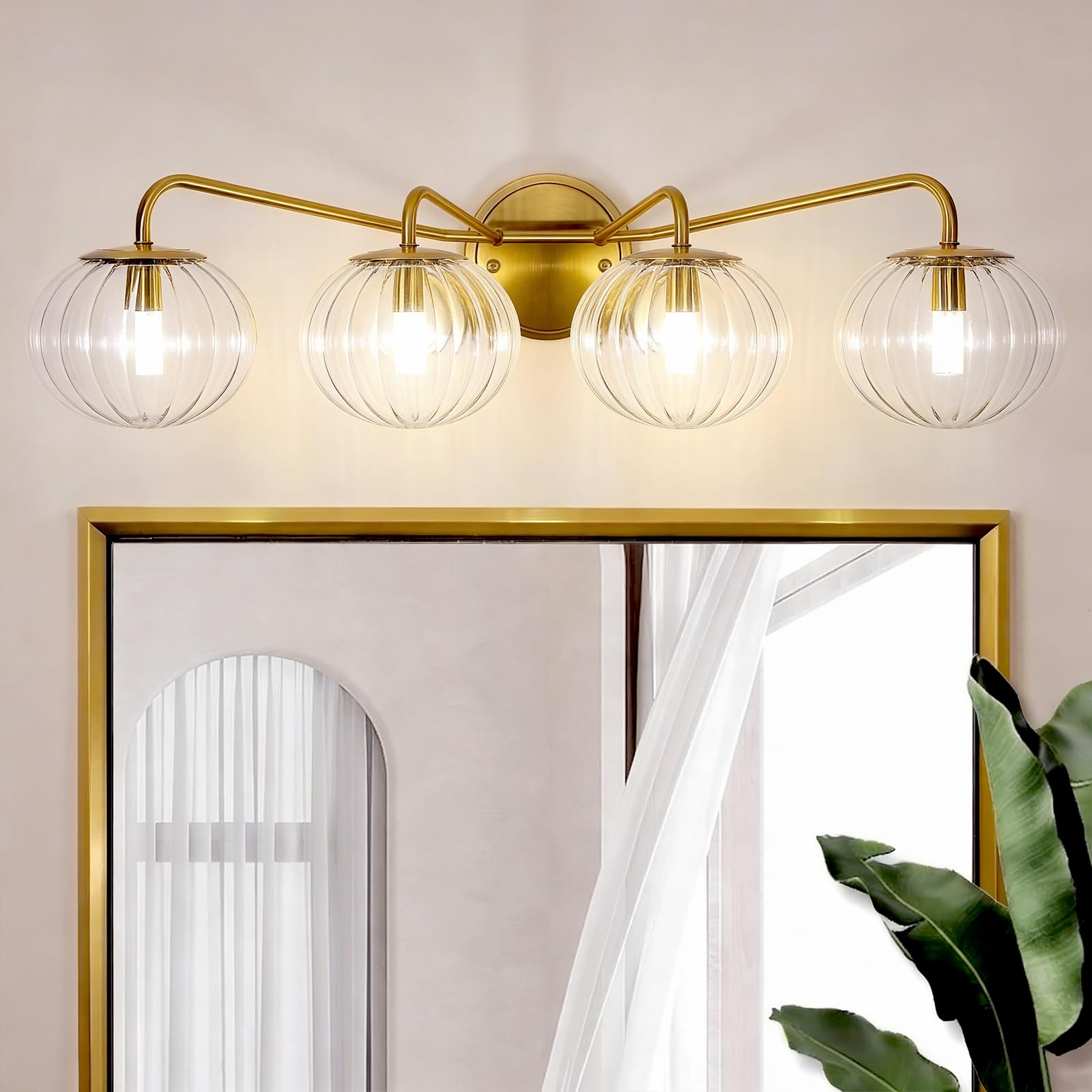 andy star bathroom vanity light 4 light, brushed gold bathroom light fixtures with clear pumpkin-ribbed glass globe shade, brass vintage striped wall lights for vanity, g9 base (no bulbs)