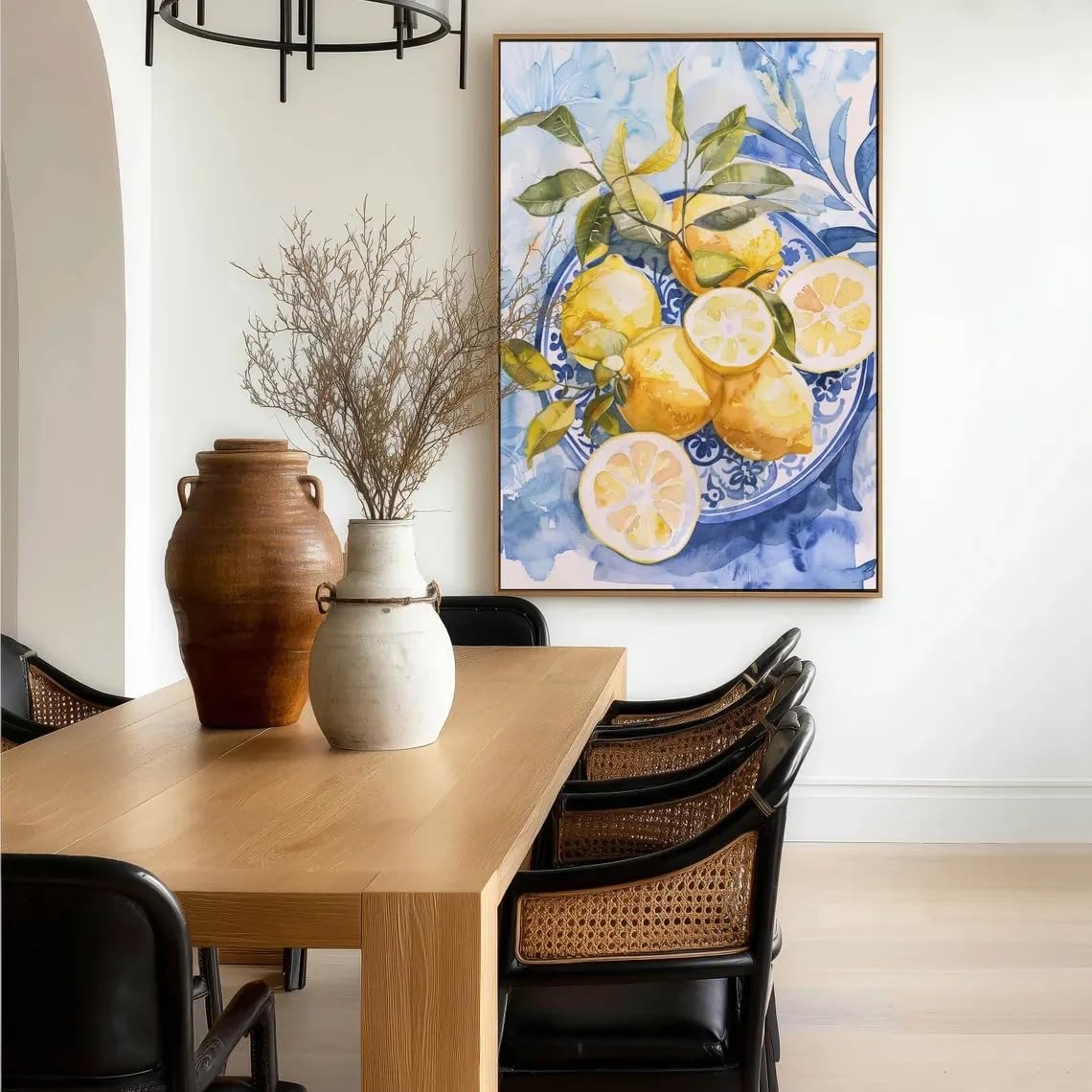 SDVIB Mediterranean Lemon Still Life Wall Art - Fresh Watercolor Print of Bright Yellow Lemons on a Decorative Blue Plate(60x80cm/Frameless)