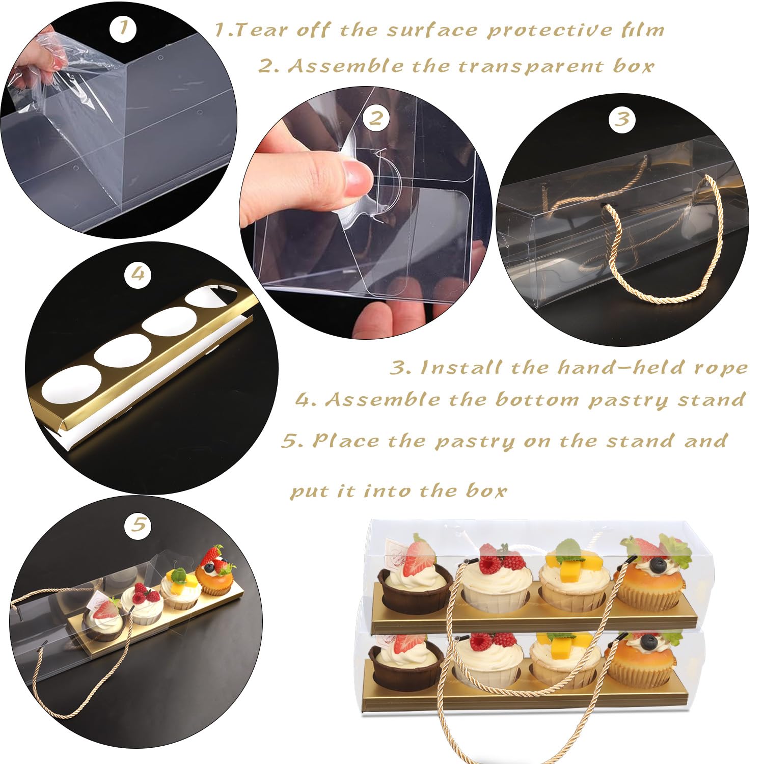 Transparente Cupcake-Boxen mit Griff, 24 Stück, 4 Bäckerei-Kuchen-Boxen, rechteckige Cupcake-Behälter, transparente Leckerli-Boxen, Geschenkboxen für Hochzeit, Party, Dessert-Verpackung,