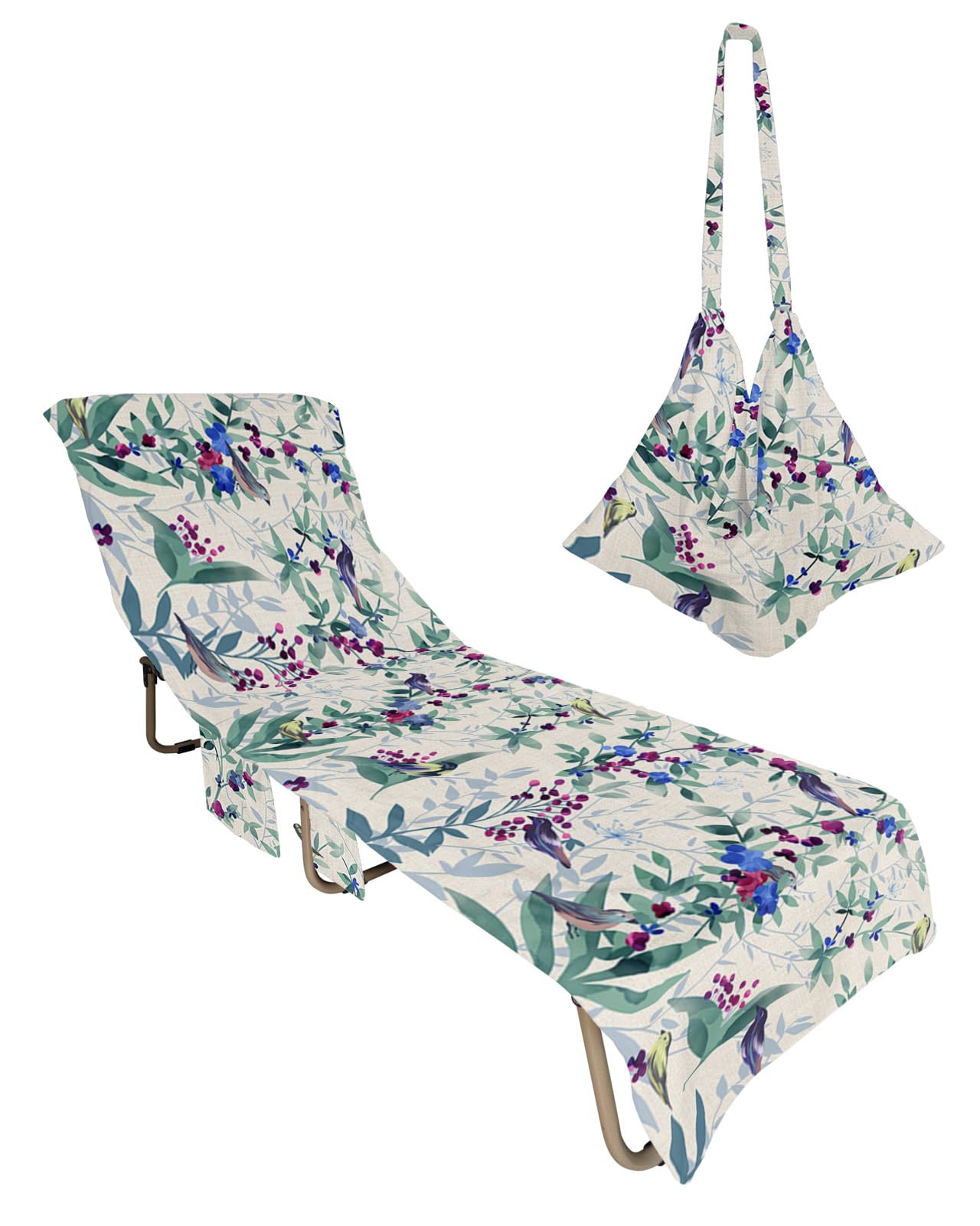 Teal Botanical Beach Lounge Chair Towel Cover, Soft Chaise Lounge Towel with Side Pockets Patio Pool Chairs Cover for Beach/Pool Sunbathing 29x85 Rustic Spring Floral Summer Botanical Birds