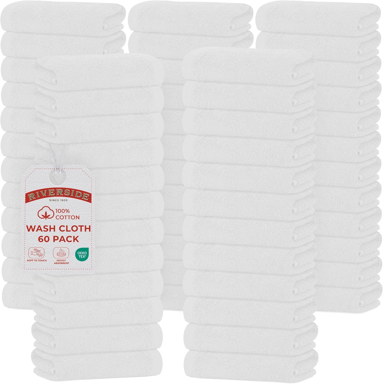 RIVERSIDE Pack of 60 Wash Cloths for Showering, 12 x 12 Inches, Super Soft & Absorbent, 100% Cotton Washcloths Premium Quality Flannel Face Cloths for Bathroom, Gym, Spa (White, 60 Pack)