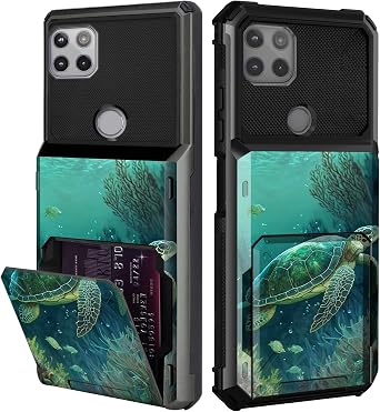 Wallet Case for Motorola Moto One 5G ACE/One 5G UW ACE, Slim 5 Card Holder Flip Cover with Hidden Slot Dual Layer Shockproof Protective Case, Hard Cover Anti-Scratch Bumper, Green Turtle