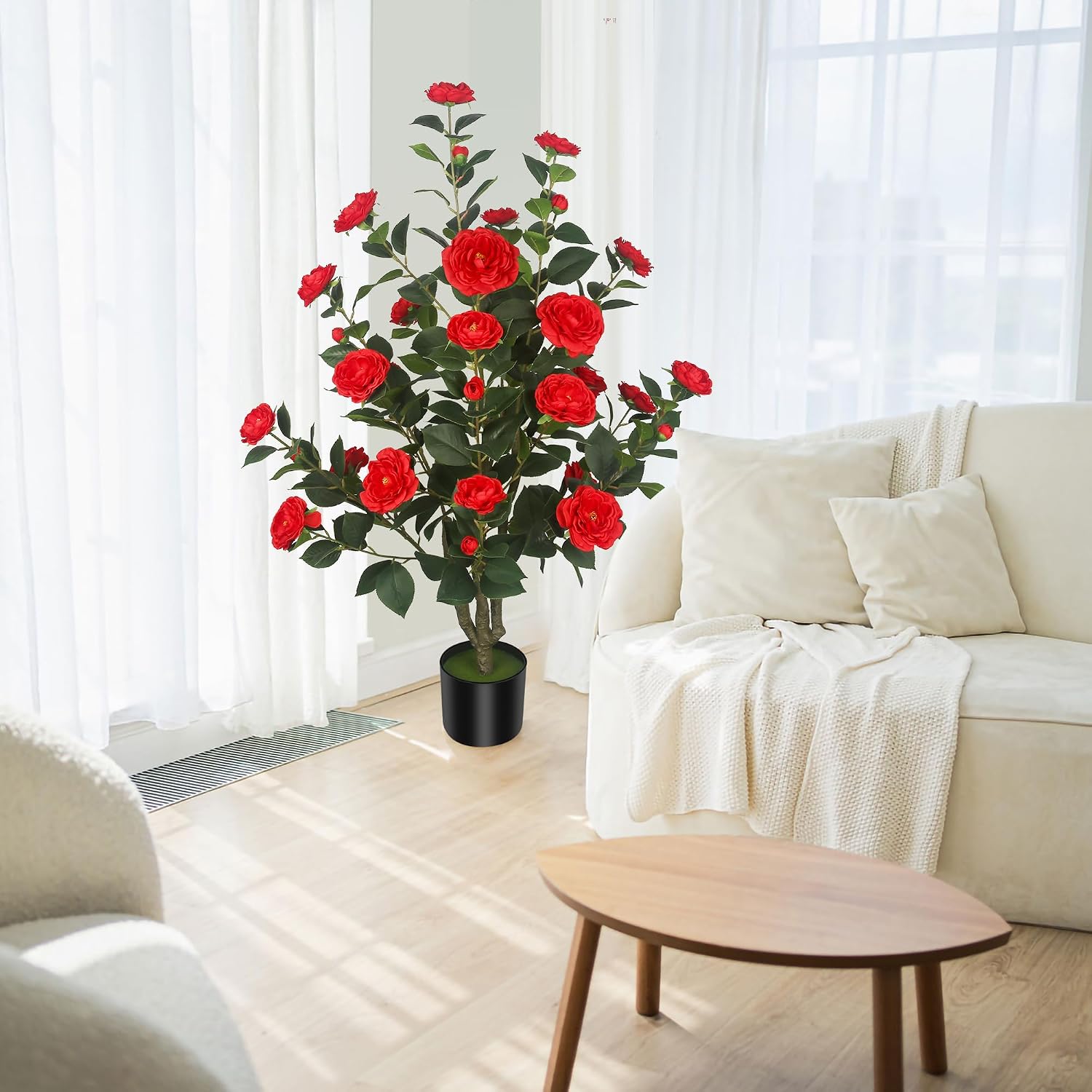 2Pack 3.5FT Artificial Camellia Trees with 32 Flowers in Cement Pots – Lifelike Fake Trees for Front Porch, Home, Indoor Outdoor Spring Decor, Office or Housewarming Gifts (Red)