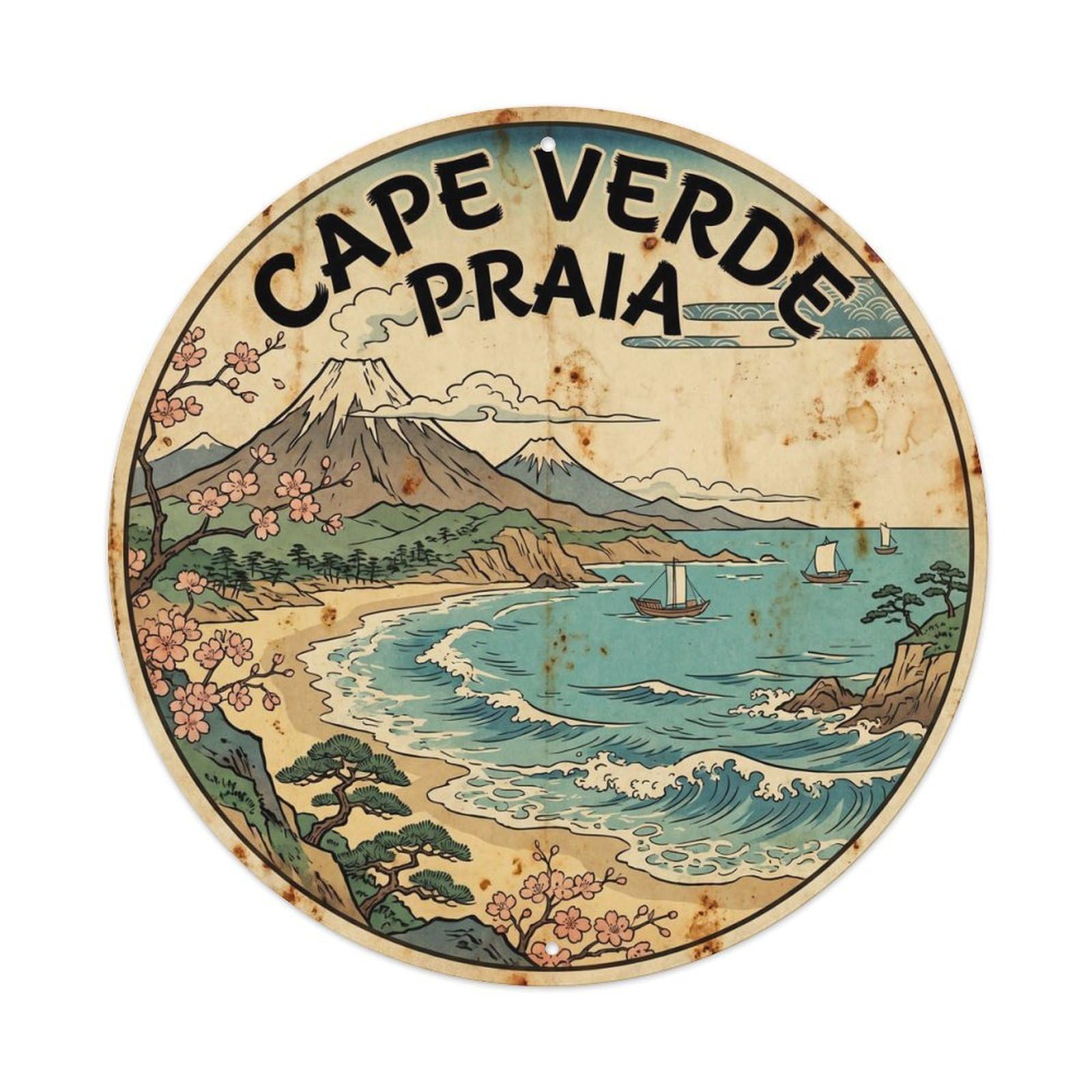 Olyhtr 8X8inch Classic Style Cape Verde Praia Seaside Scenery Classic Illustration Metal Tin Sign