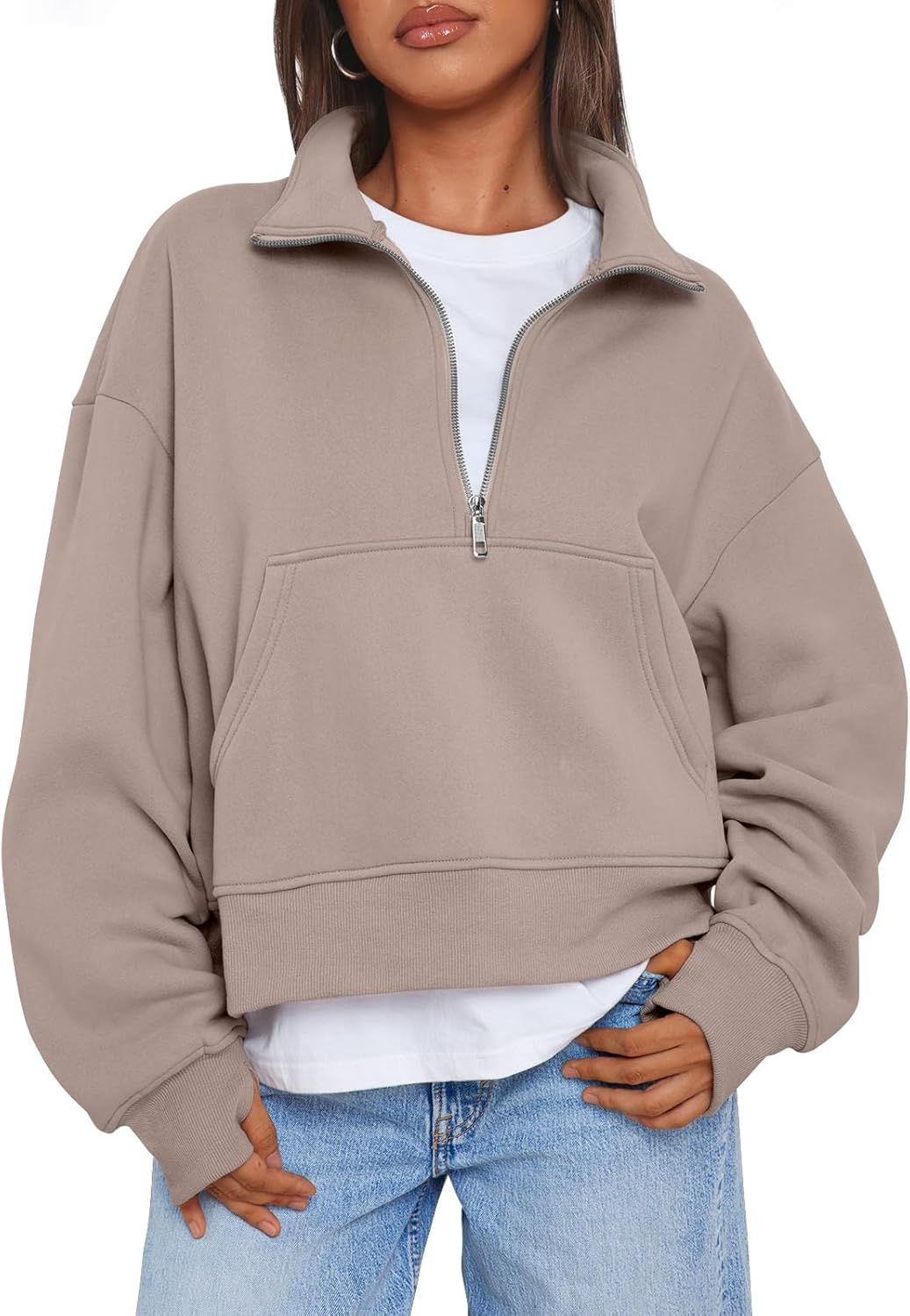 Trendy Queen Womens Sweatshirts Quarter Zip Pullover Oversized Cropped Sweater Fall Winter Hoodies