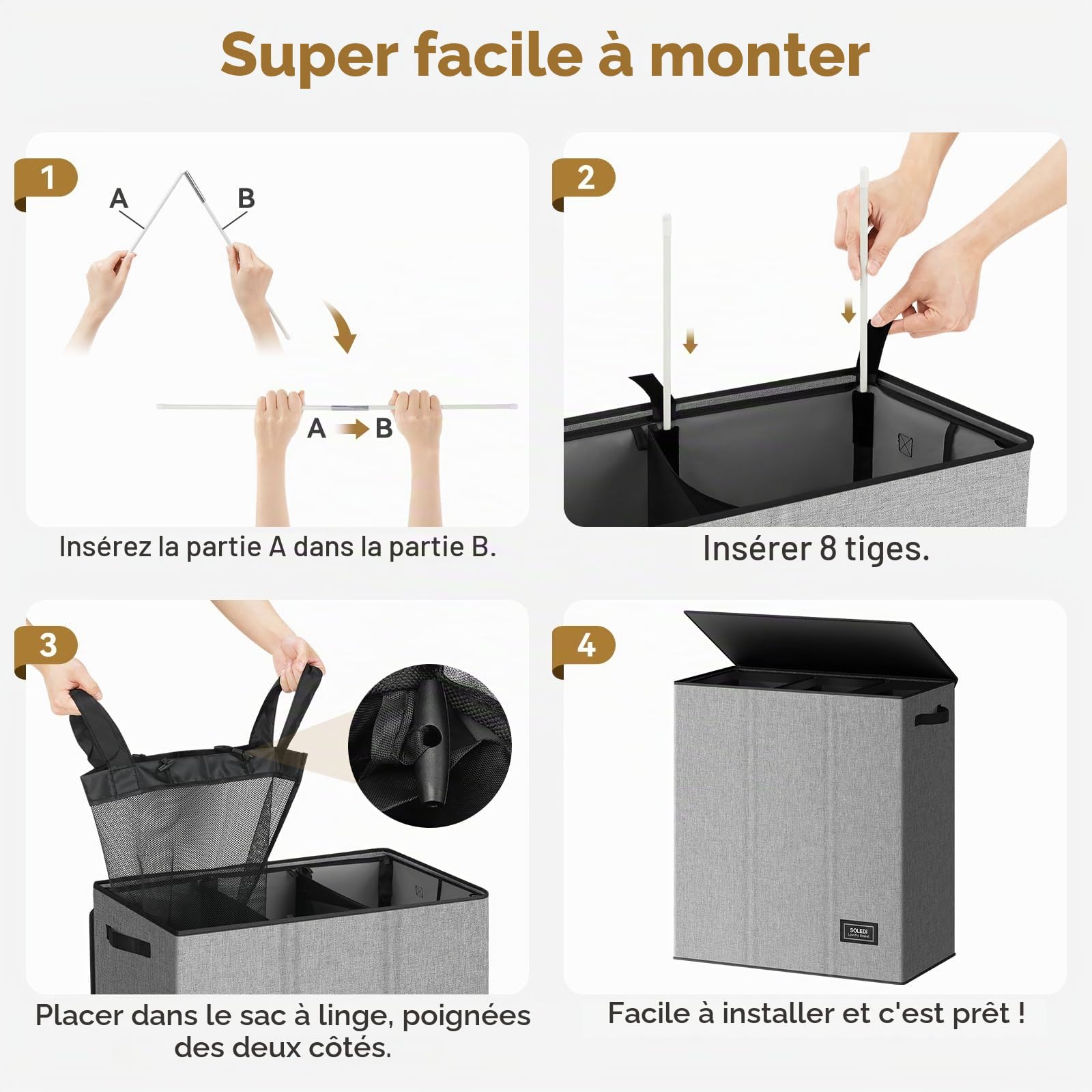 SOLEDI Panier a Linge avec Couvercle, Panier à Linge 3 Compartiment, 160L Corbeille a Linge, Paniere a Linge Sale pour Récupérer le Linge et Faire le Tri, Bac a Linge pour Buanderie, Gris