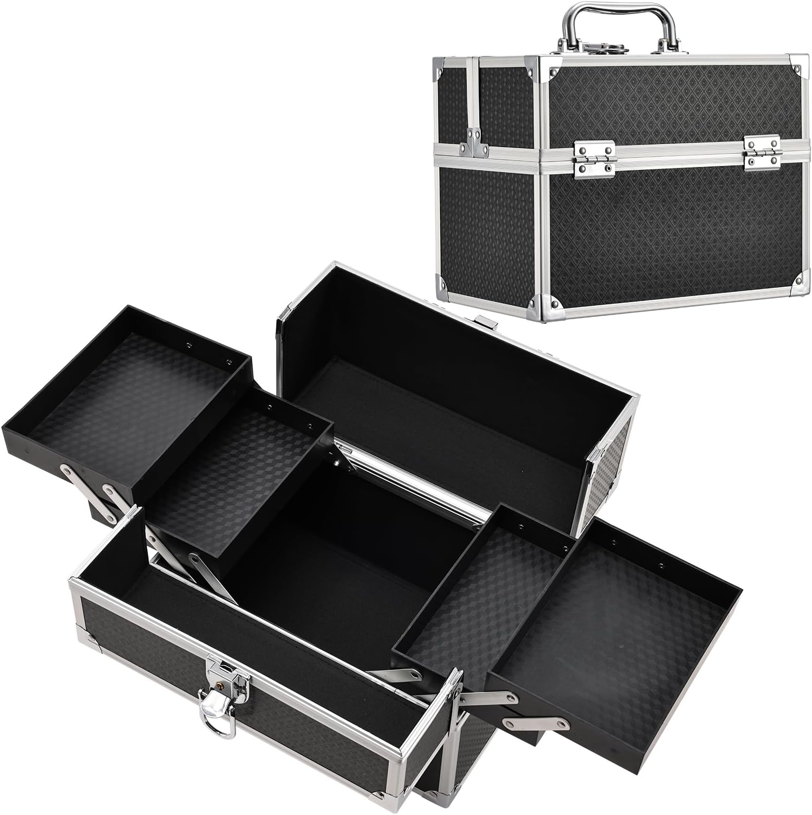 Stagiant Makeup Train Case, Makeup Box with 4-Tray, Cosmetics Organizer for Makeup Supplies, Women Organize Case for Girls Makeup Kit, Nail Art, Black