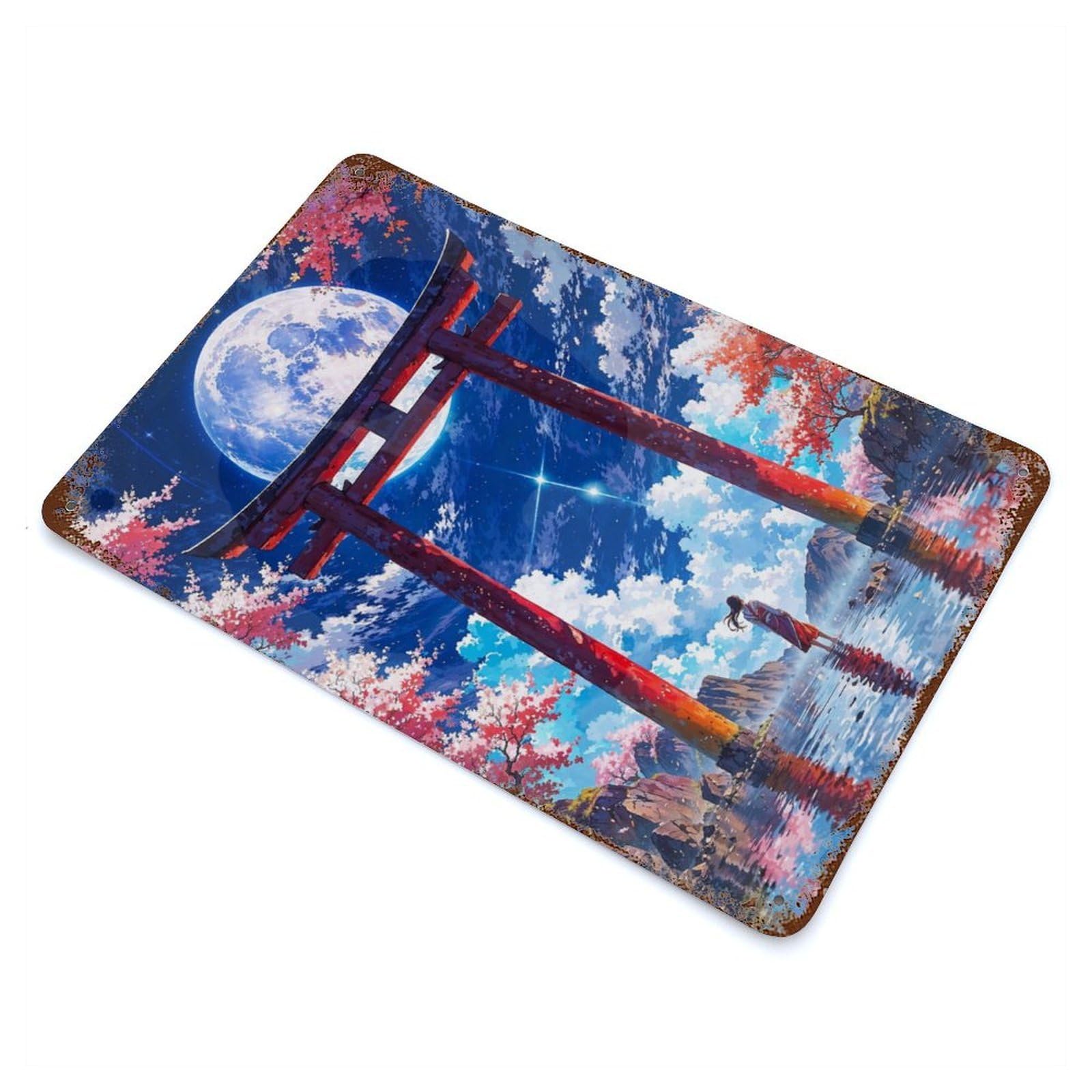 Japanese Moonlit Torii Landscape Rusty Metal Tin Sign 11.8"x7.9", for Living Room, Hallway And Home Decor, Old School Wall Decor