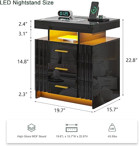 Miniatura 2 de HNEBC Mesita de noche LED, mesita de noche negra con estación de carga, USB + tipo C + carga inalámbrica, mesita de noche inteligente con sensor