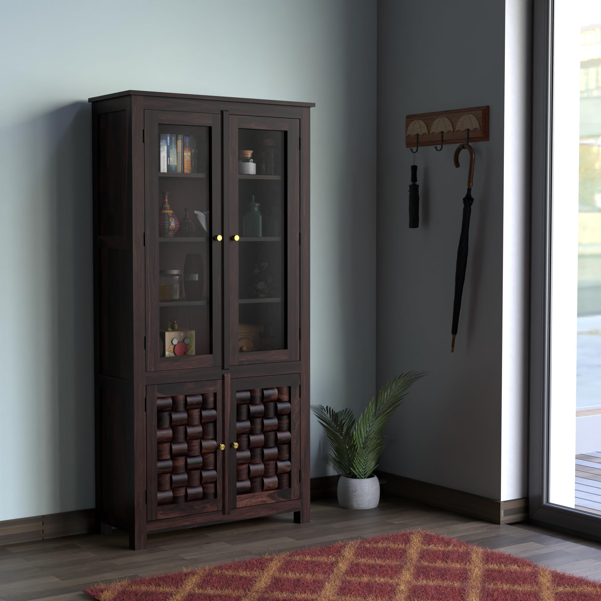TreeWalley Sheesham Wood Sideboard Crockery Cabinet With 2 Glass Door | Wooden Bookshelf With 2 Door Cabinet Storage | KItchen Display Unit | Wardrobe | Cupboard Organiser | Clothes Organizer | Walnut-image-21