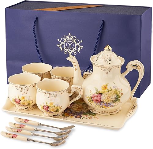 Miniatura 9 de YOLIFE Juego de té de cerámica de color marfil juego de tazas de té de porcelana juego de servicio de fiesta de té para adultos