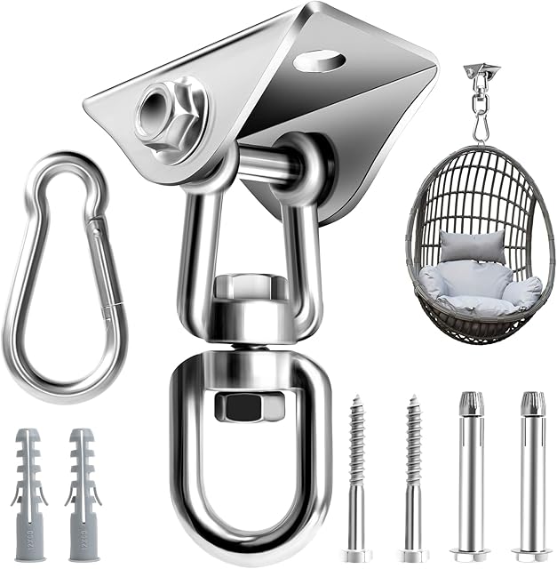 Heavy Duty Swing Hanger Hook 360°Rotate Hanging Chair Hook Ceiling Hook for Hammock Swing with Bolts Screws Stainless Steel Hammock Chair Hanging Kit with 1000LB Capacity for Concrete Wood