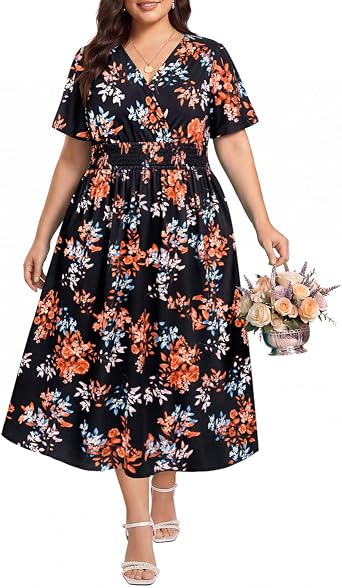 CARCOS Plus Size Dresses for Curvy Women V Neck Summer Maxi Dress Short Sleeve Floral Boho Dress Smocked Waist Beach Dress