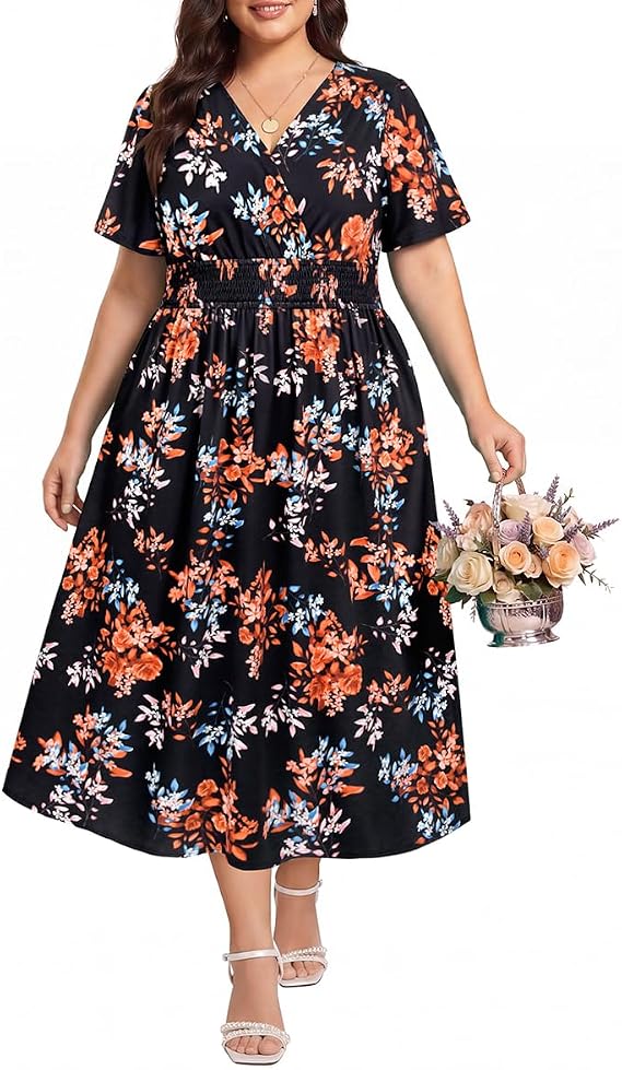 curvy beach dresses Antinious Women Loose Solid Adjustable Fold Plus Size Short Sleeve V-Neck Versatile Stylish Midi Dress, Women's, Size: Large, Black