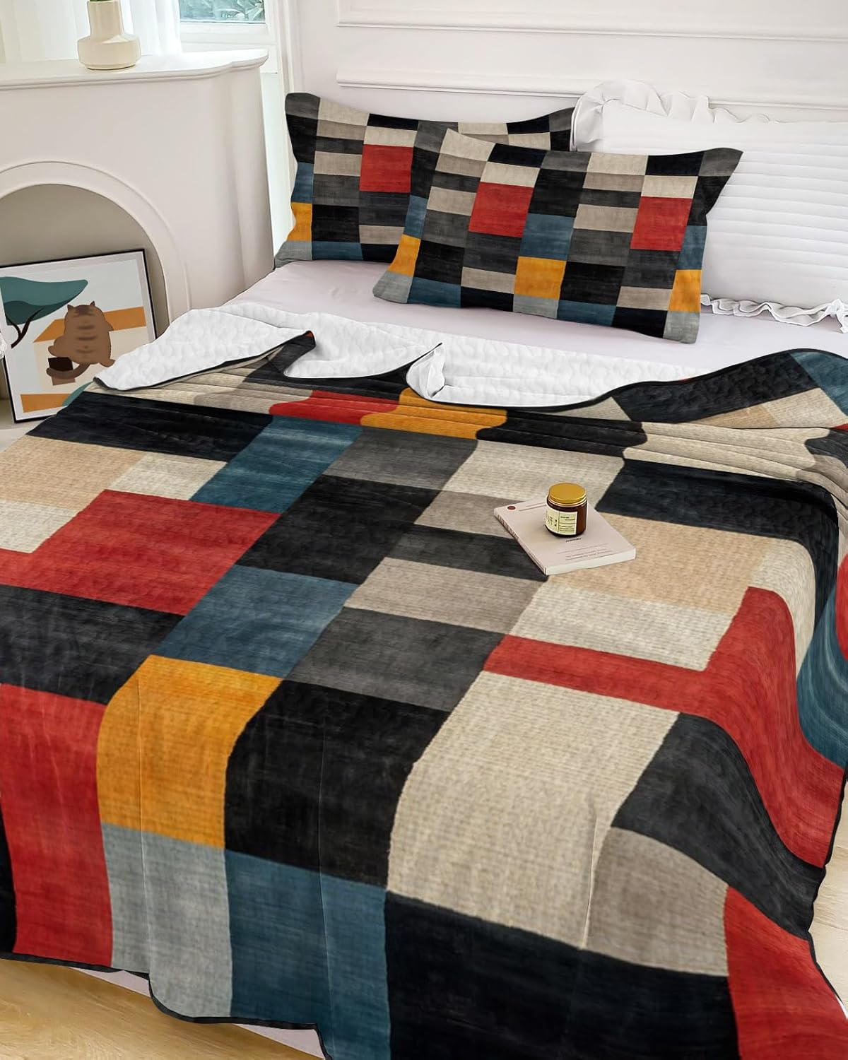 Queen Size Quilt Set, Black Red Color Block Lightweight Bedspread Coverlet Set Soft Microfiber Summer Quilt with 2 Pillow Shams, Abstract Geometric 3 Piece Comforter Bedding Set
