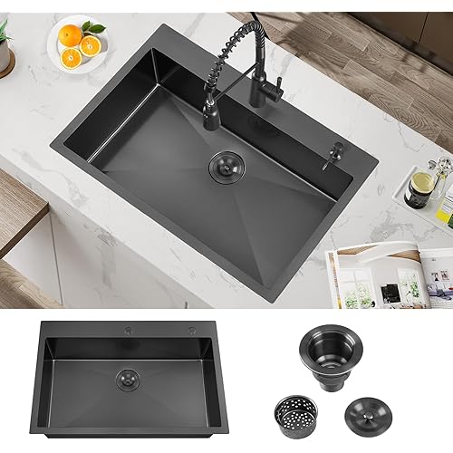 ATTOP 33 Inch Black Large Single Bowl Drop in Kitchen Sink,33x22 Inch Nano Black Stainless Steel Handmade Drop in Single Bowl Kitchen Sink