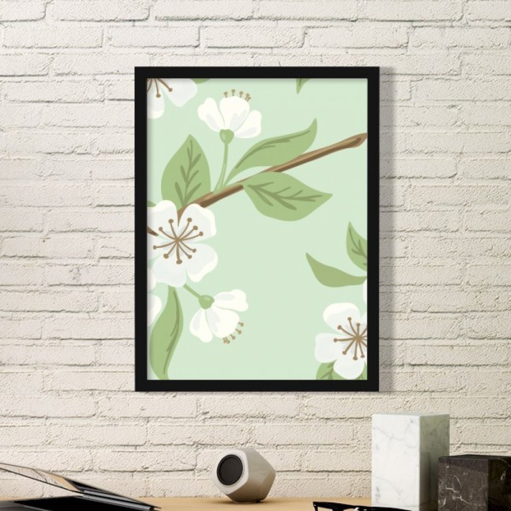 Cadre en bois noir d'art floral avec dessin de pêche blanche