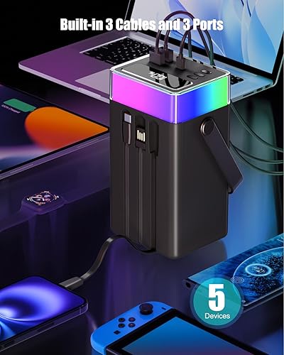 Miniatura 6 de Cargador portátil de 90000 mAh con carga rápida PD de 35 W, 6 puertos y cables integrados, luz de estado de ánimo RGB (12 modos) y linterna LED de