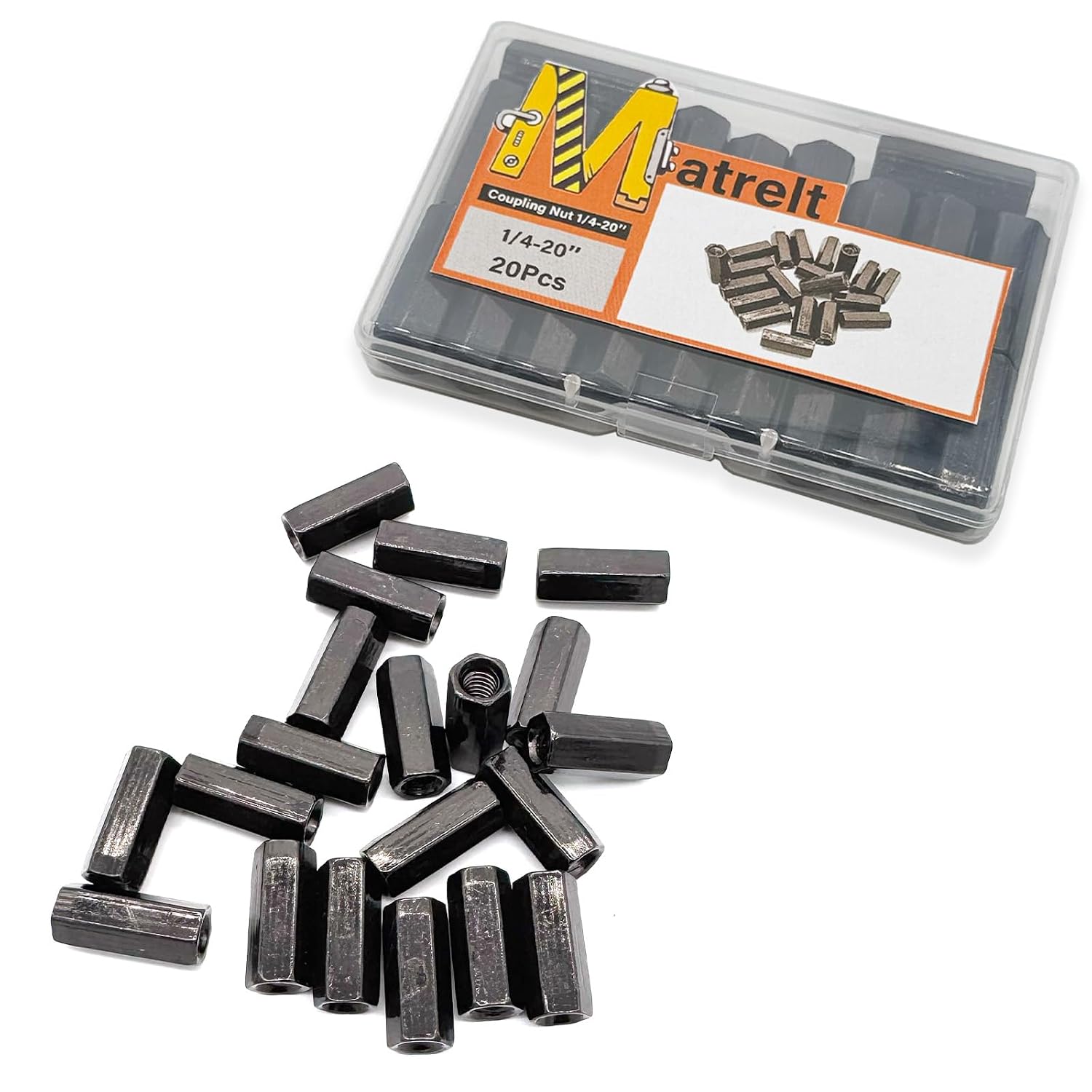 20Pcs Black 1/4"-20 Hex Coupling Nut, Threaded Rods Nuts Black Zinc Plating Extended Hexagon Rod Coupling Nuts, Threaded Connectors for Full All Threaded Rod, Eyebolts,Wedge Anchor,Chain Links
