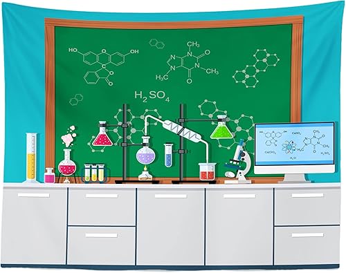 Miniatura 3 de BELECO Telón de fondo de laboratorio de ciencia de tela de 7 x 5 pies, diseño de dibujos animados, laboratorio de química, experimentos químicos,