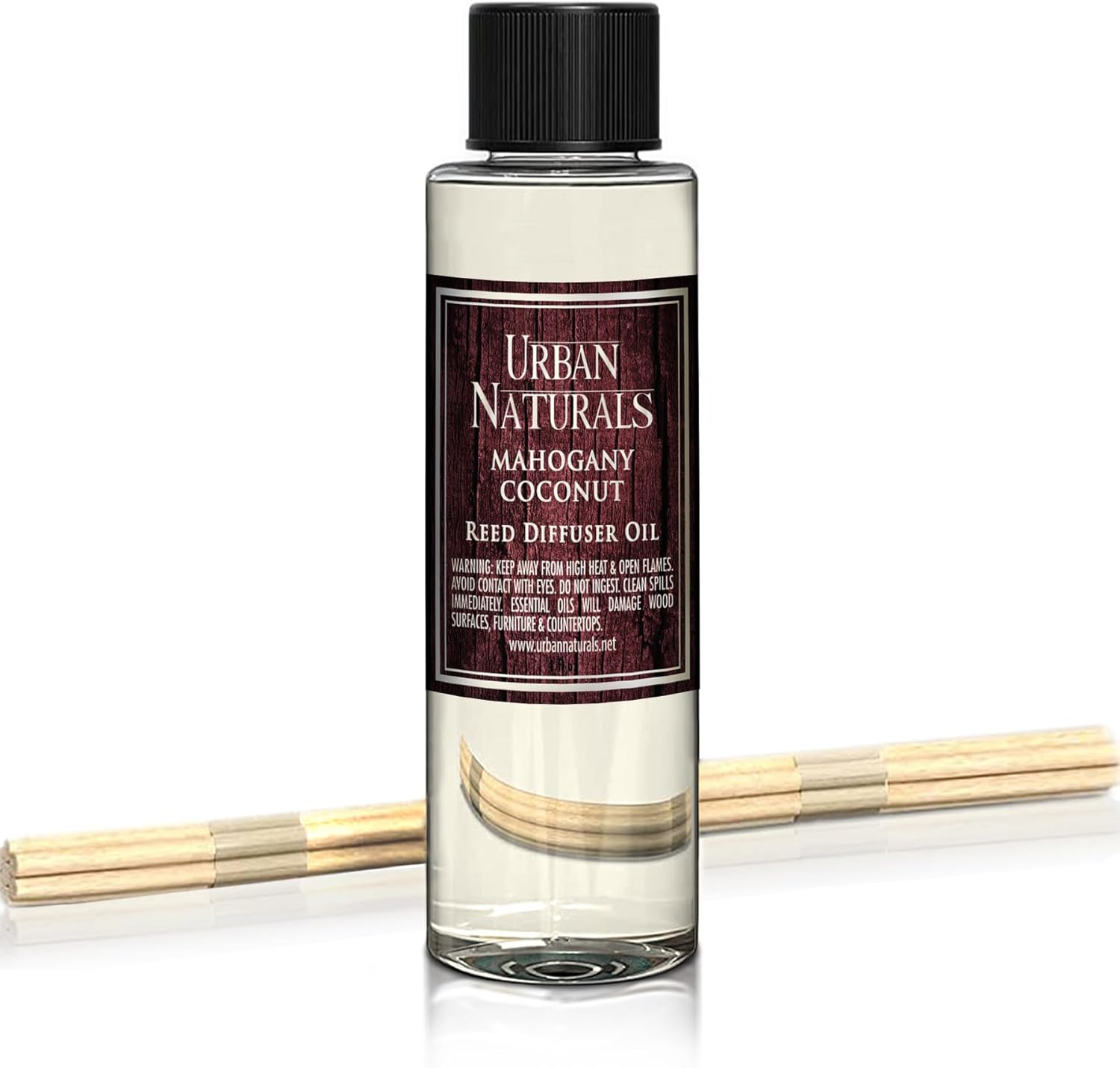 Urban Naturals Reed Diffuser Oil Refill, Mahogany Coconut Diffuser Oils with Sandalwood, Coconut, Oakmoss, 4 oz + Free Reed Sticks, Made in The USA