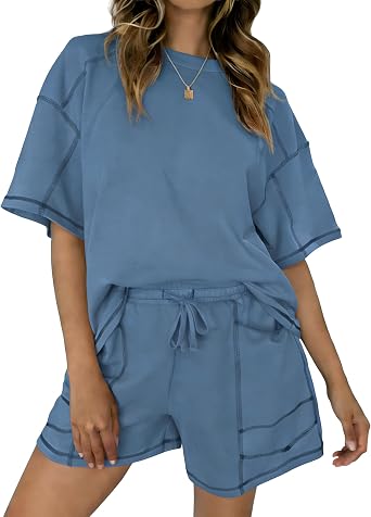 LTSCNRM Womens Cotton 2-Piece Outfit Oversized Pocket T-Shirt High-Waist Shorts Loungewear Home Coffee Vacation
