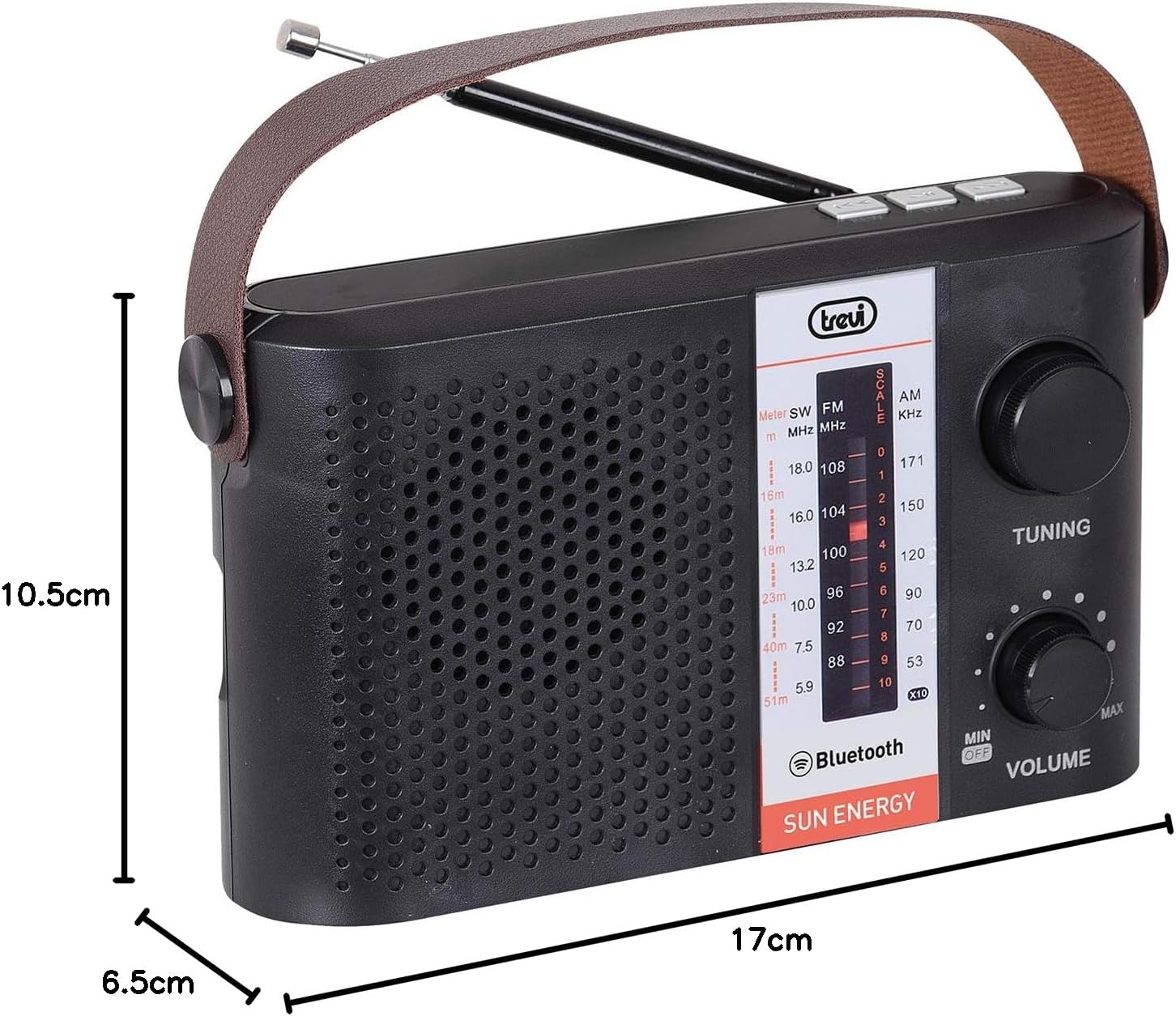 Trevi RA 7F25-BK radio with dimensions labeled: 17cm length, 6.5cm width, 10.5cm height.