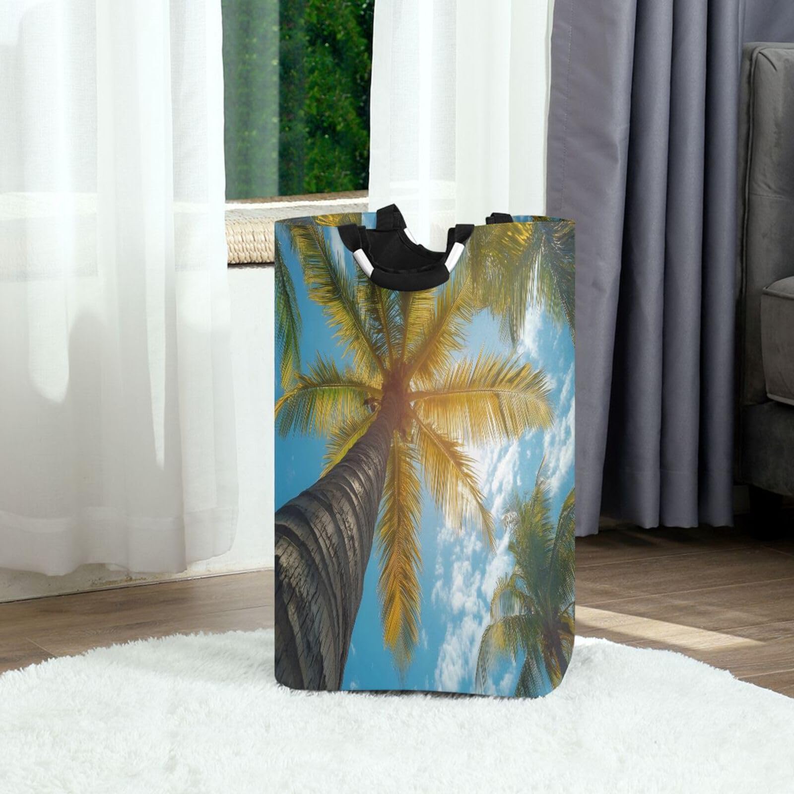 Jihqo Laundry Hamper Basket Summer Palm Trees Collapsible Nursery Storage Bin Waterproof Clothing Baskets for Home Bedroom Bathroom Washing Room