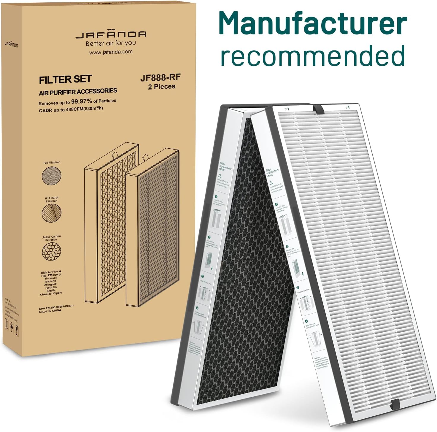 Jafända JF888 Replacement Filter, 2 Pack Original Filters, True HEPA 13 Filter, with 2.12 lb Activated Carbon, Remove Pollen Dust Pet Odor VOCs,Allergies,Smoke,Cooking smell