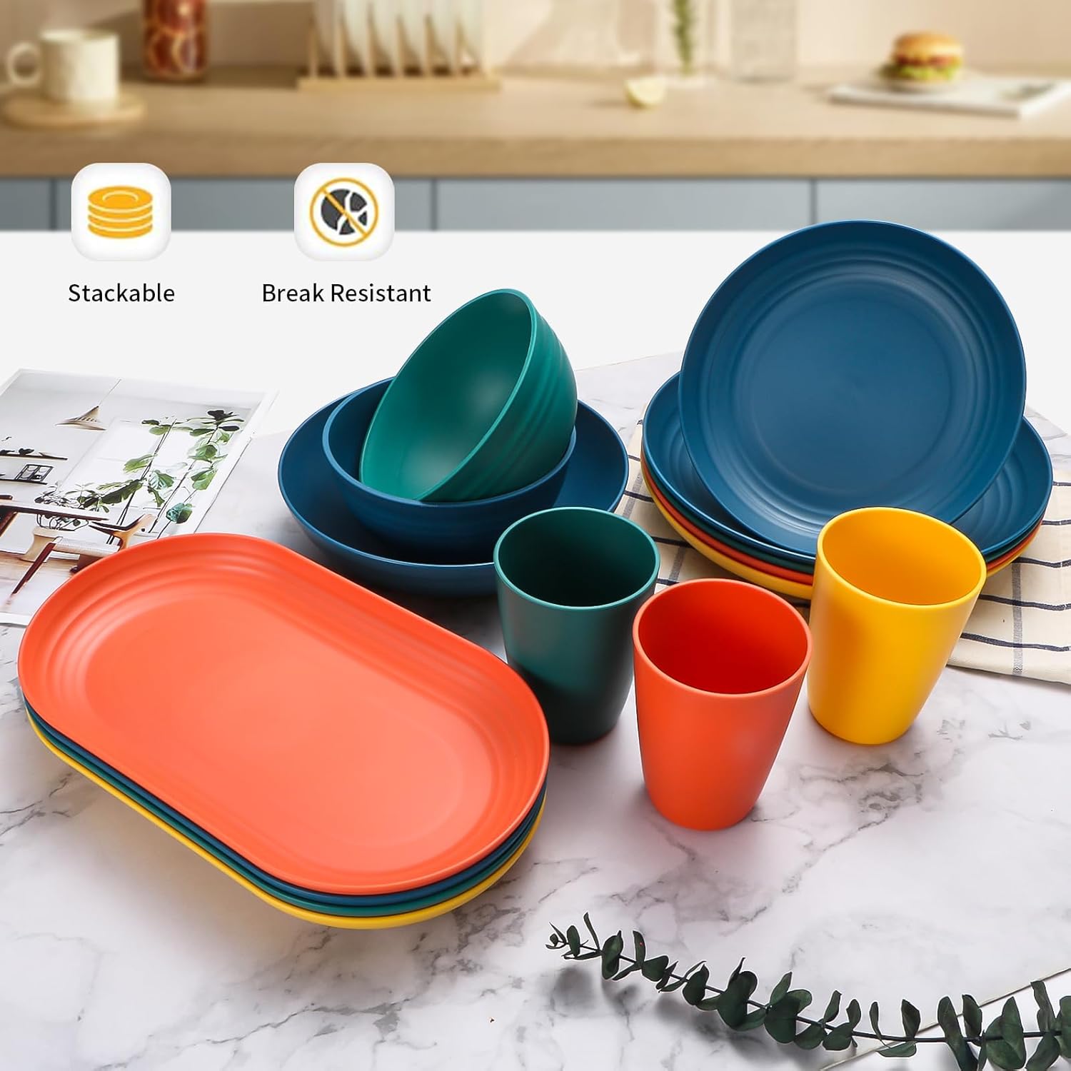 Lazycorner 48-Pcs Kitchen Wheat Straw Dinnerware Set, Service for 8, Plastic Reuasble Dinner Dishes Serving Plate Set for Kitchen, Including Dinner Plate, Dessert Plate, Bowl, Cup(Multicolor) - Image 5