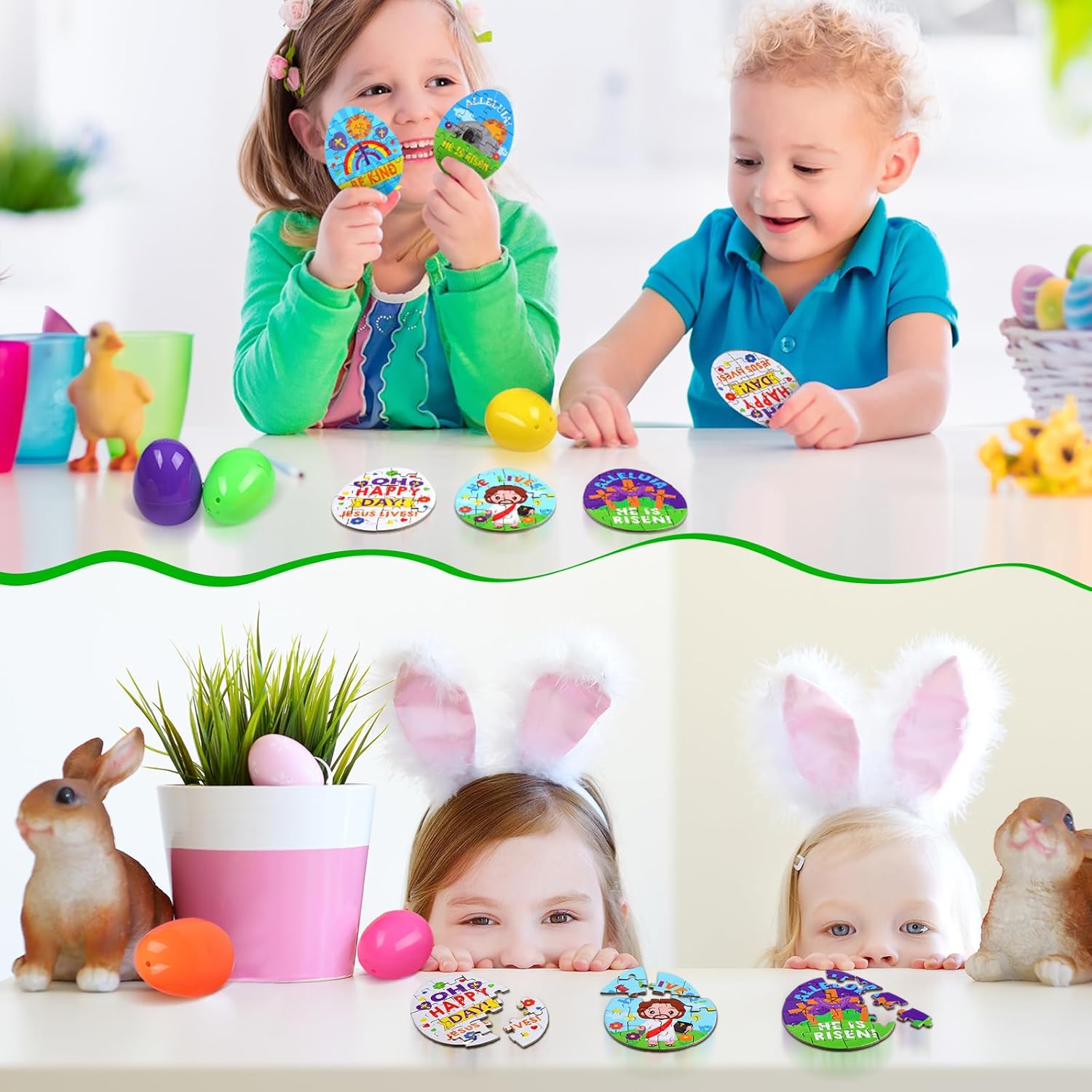 48 Pack Easter Eggs Fillers Crafts Religious Christian Jigsaw Puzzle Toys Bulk Jesus He Lives Plastic Easter Eggs Stuffers for Sunday School Rewards Prizes Party Activities Favors
