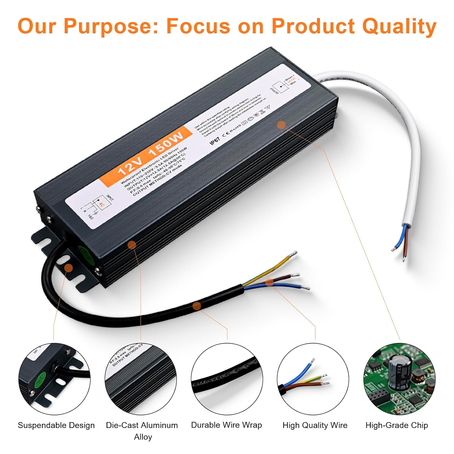 Waterproof IP67 LED Power Supply Low Voltage Transformer Adapter 12V 150W LED Driver Lighting Transformer Converter for LED Strip, LED Display and Outdoor Lighting